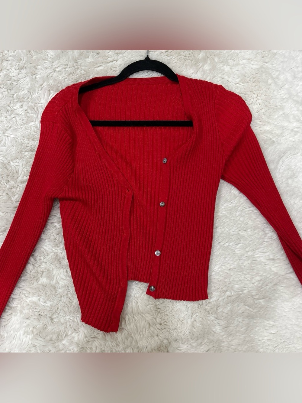 Red Ribbed Button-Front Women's cardigan